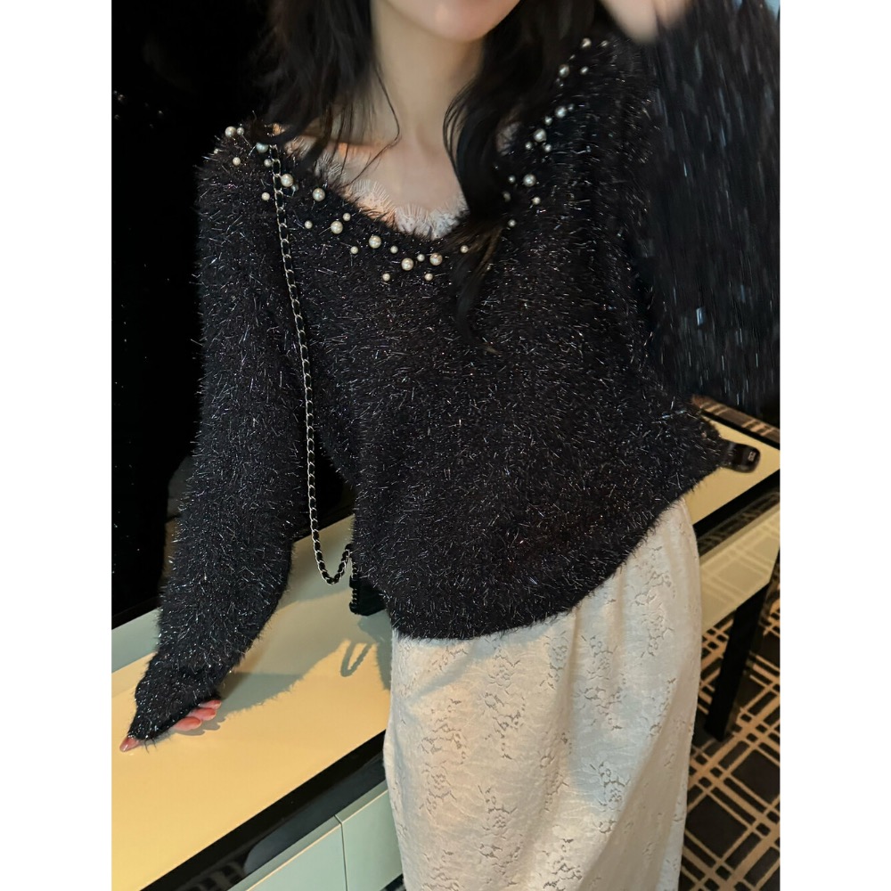 ￼韓國🇰🇷代購毛絨OLA家⭐️2024新款v領釘珠慵懶風❤️播主同款毛衣-細節圖7