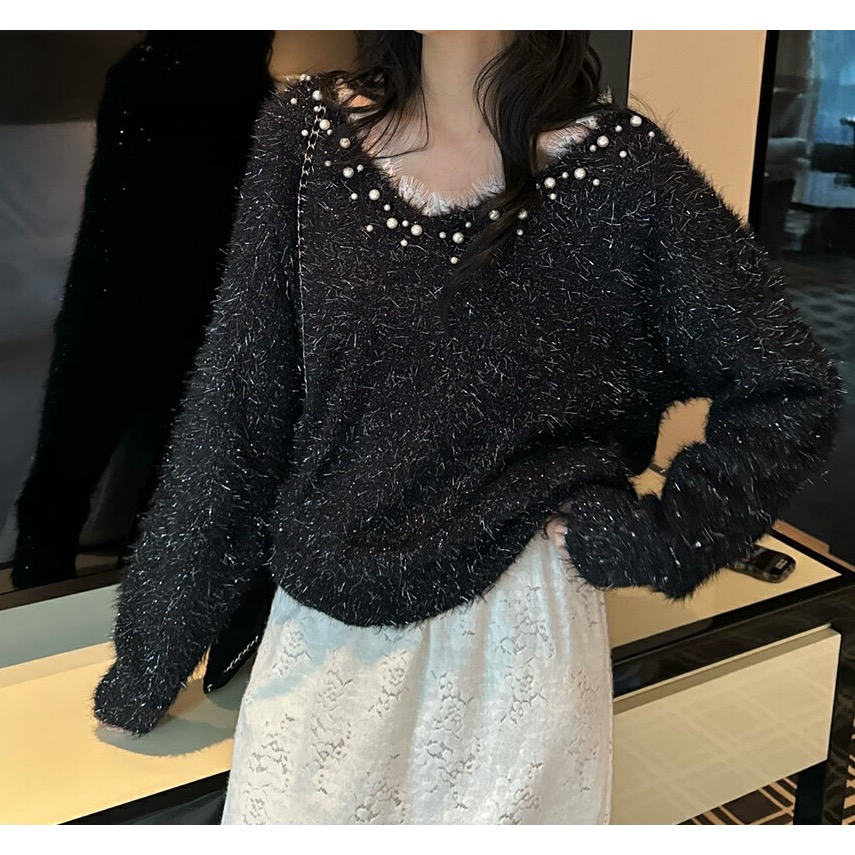 ￼韓國🇰🇷代購毛絨OLA家⭐️2024新款v領釘珠慵懶風❤️播主同款毛衣-規格圖10