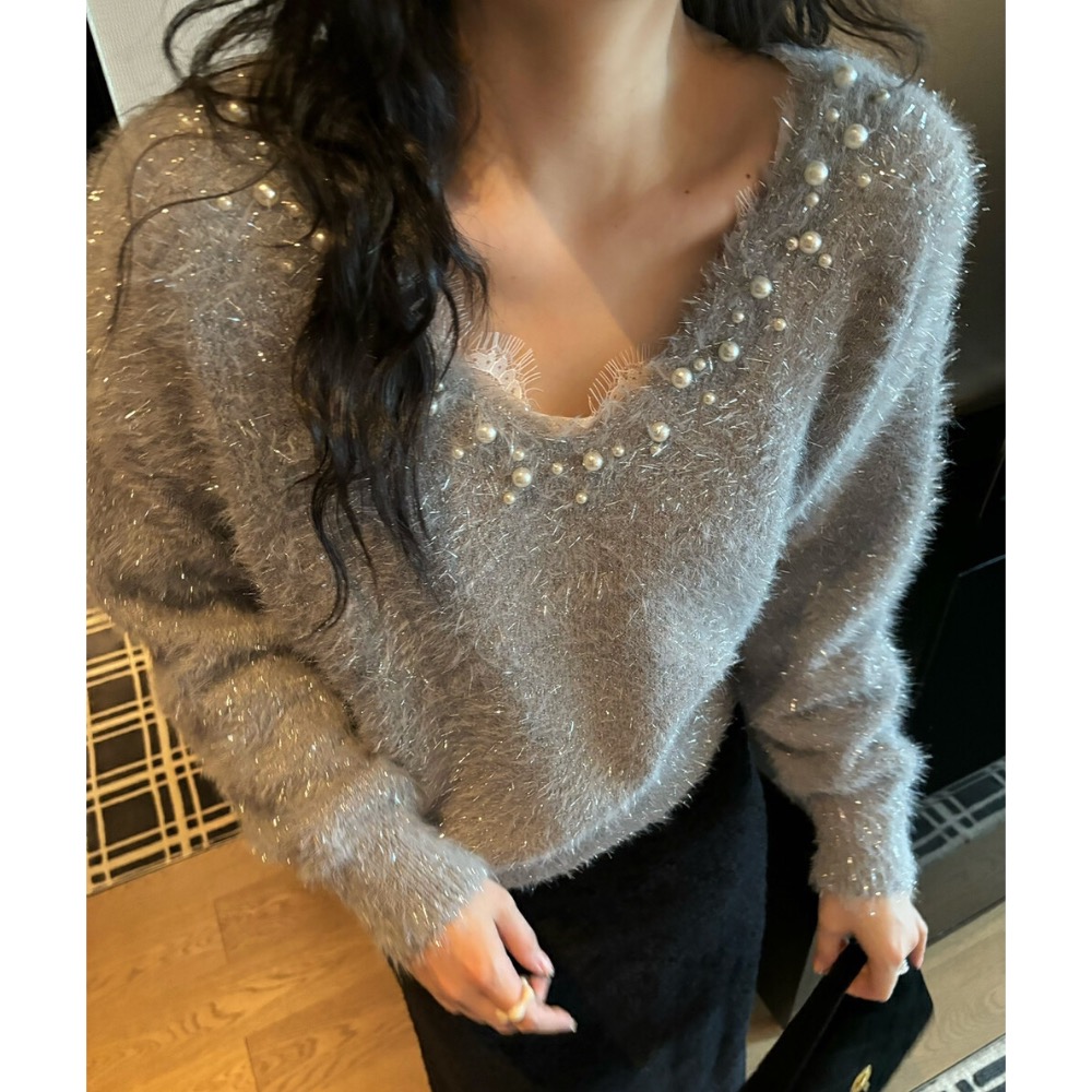 ￼韓國🇰🇷代購毛絨OLA家⭐️2024新款v領釘珠慵懶風❤️播主同款毛衣-規格圖10