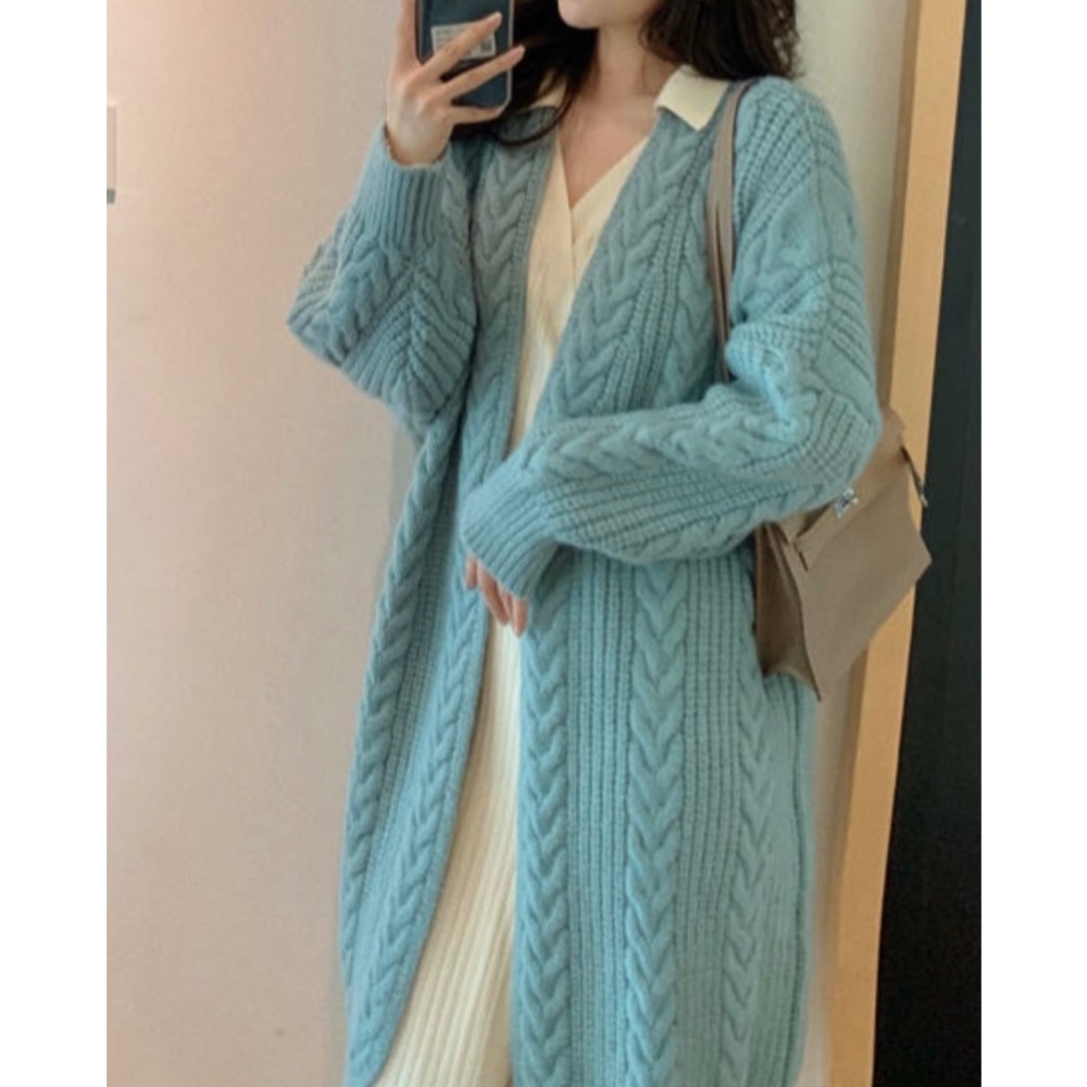 ￼韓國🇰🇷東大門代購⭐️麻花毛衣長板針織外套❤️2024名媛貴氣質風🥰藍色很美/米白現貨2天內出-規格圖8