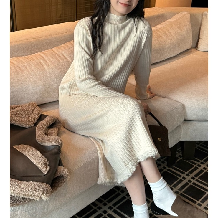 韓國帶回🇰🇷正韓針織連身顯瘦修身裙2024新款（咖、灰、淺灰、米白、紅）-細節圖2