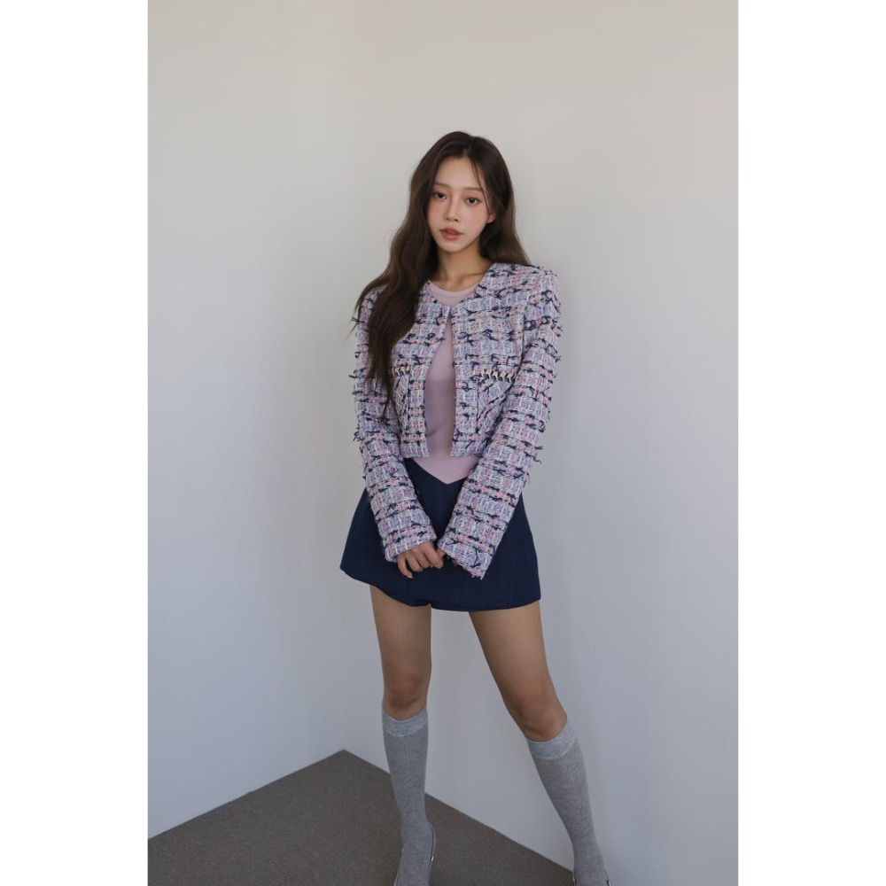 韓國🇰🇷代購（Slit家）小香風交織短版外套▸海軍藍 小香風外套 小香小外套 小香風 韓國小外套 短版外套 設計感外-細節圖2