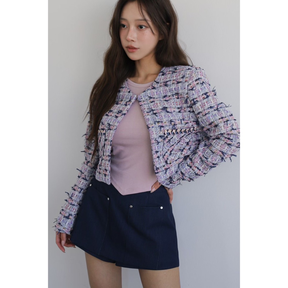 韓國🇰🇷代購（Slit家）小香風交織短版外套▸海軍藍 小香風外套 小香小外套 小香風 韓國小外套 短版外套 設計感外-細節圖4