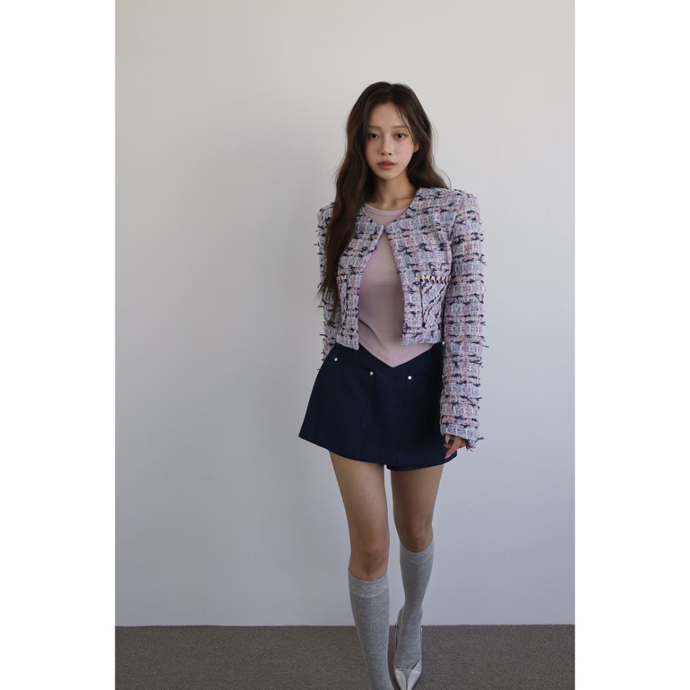 韓國🇰🇷代購（Slit家）小香風交織短版外套▸海軍藍 小香風外套 小香小外套 小香風 韓國小外套 短版外套 設計感外-細節圖7