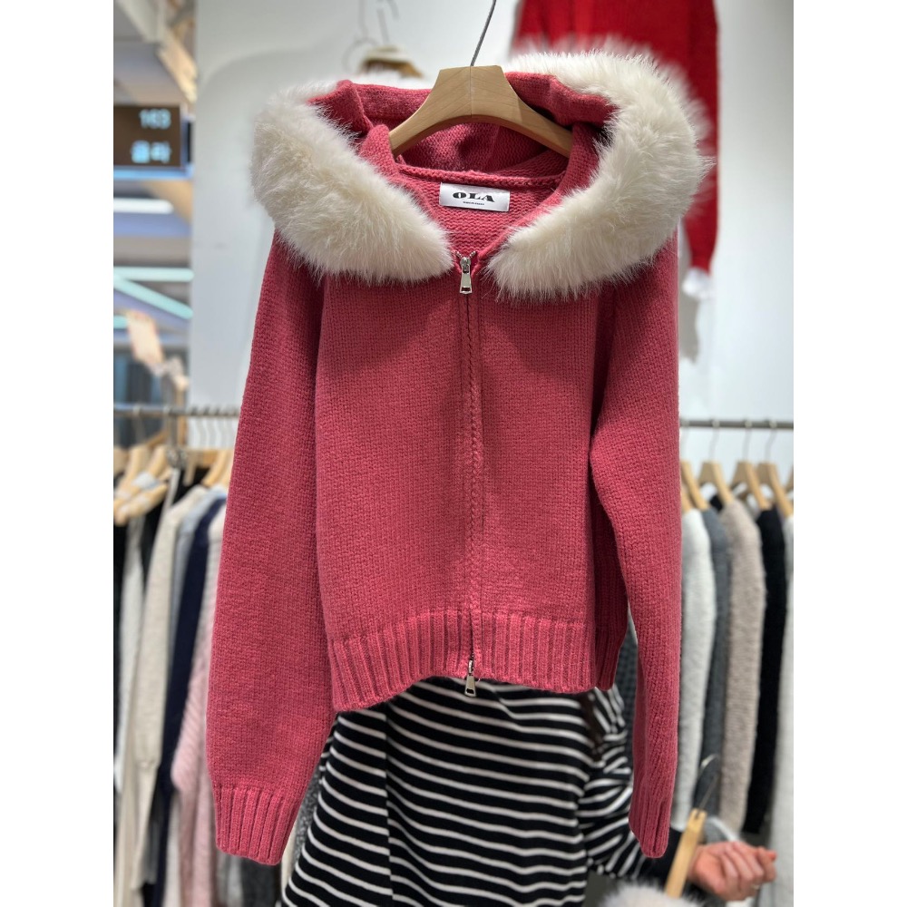 [正韓] 韓國代購 Ola 家 大毛領針織連帽外套 針織衫 氛圍感 毛毛外套 顯臉小 加厚 保暖 東大門連線-細節圖9