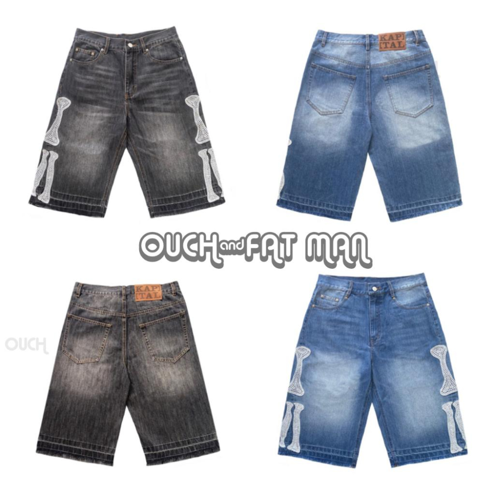 【FAT MAN】平替日系復古刺繡骨頭寬鬆直筒牛仔短褲 潮流休閒五分褲 情侶款夏季百搭設計感褲 男友風街頭風短褲-細節圖2