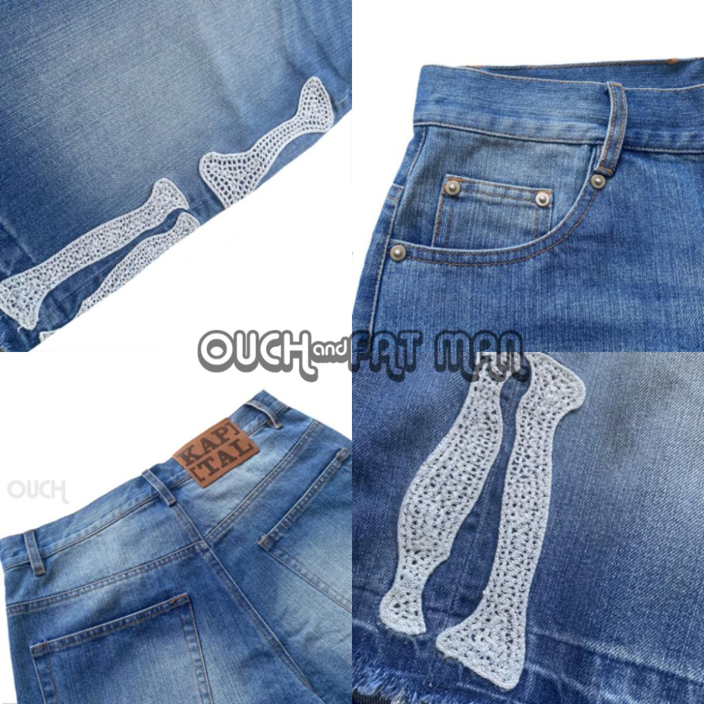 【FAT MAN】平替日系復古刺繡骨頭寬鬆直筒牛仔短褲 潮流休閒五分褲 情侶款夏季百搭設計感褲 男友風街頭風短褲-細節圖5