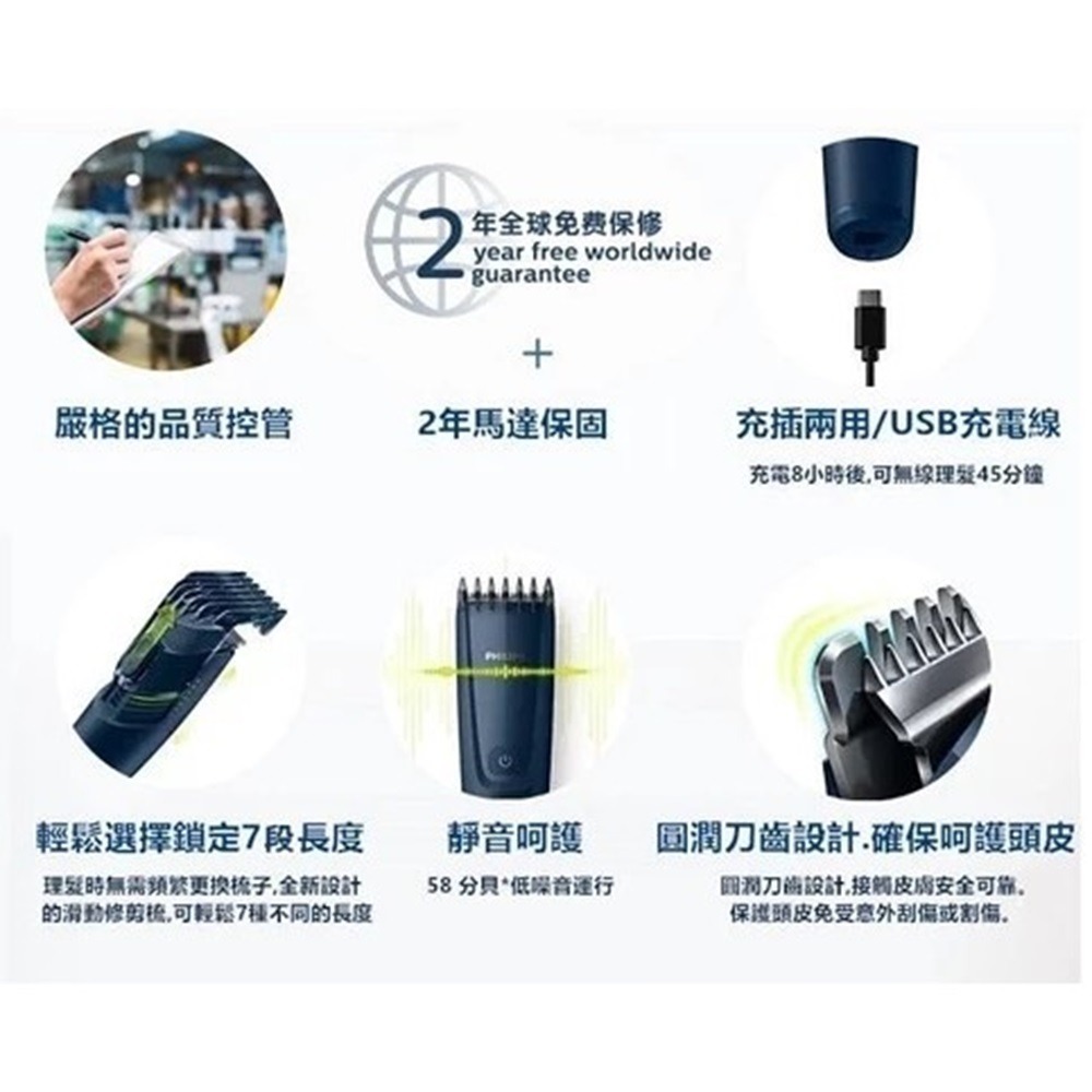 Philips飛利浦 電動理髮器 HC3688/HC3689(深藍/淺藍) USB充電-細節圖6