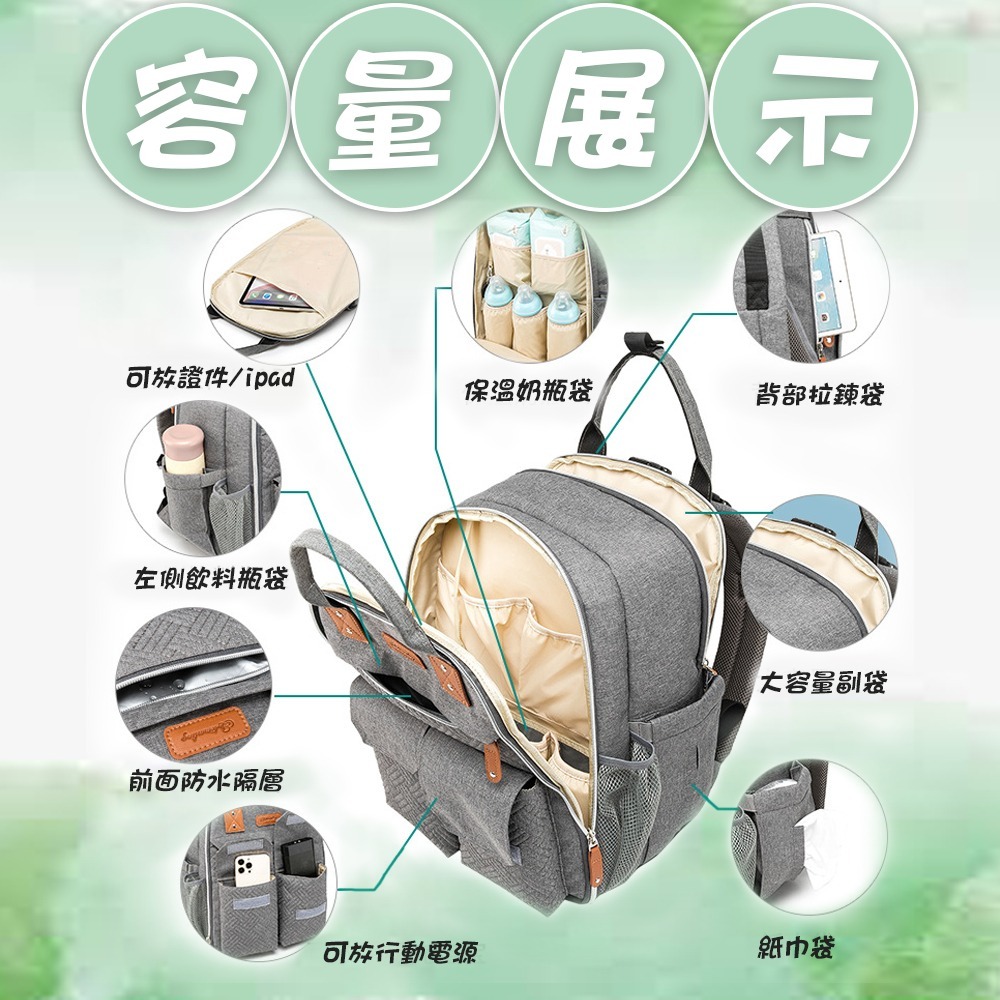 經典防潑水繡花媽媽包 送尿布墊奶瓶袋 多功能大容量 大空間 多隔層 後背包 待產包-細節圖2