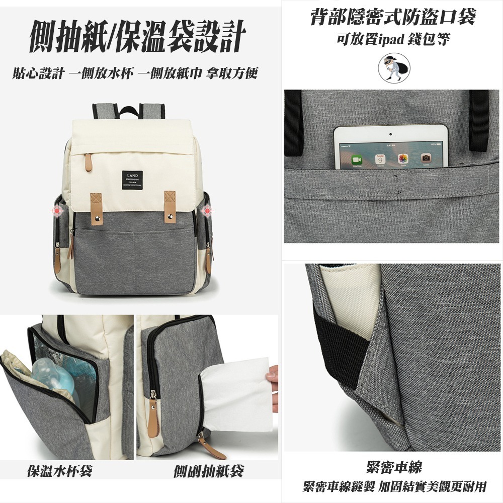 防潑水時尚拚色媽媽包 送尿布墊 後背包 待產包 大空間 多隔層 多功能大容量-細節圖4
