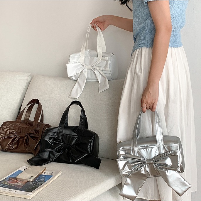 借物少女愛麗緹🦋R32韓國空運🇰🇷簡約高級感蝴蝶結圓筒包 手提包 單肩包 腋下包 蝴蝶結包包 軟皮包包 韓國包-細節圖2