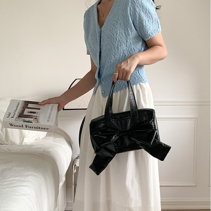 借物少女愛麗緹🦋R32韓國空運🇰🇷簡約高級感蝴蝶結圓筒包 手提包 單肩包 腋下包 蝴蝶結包包 軟皮包包 韓國包-細節圖3