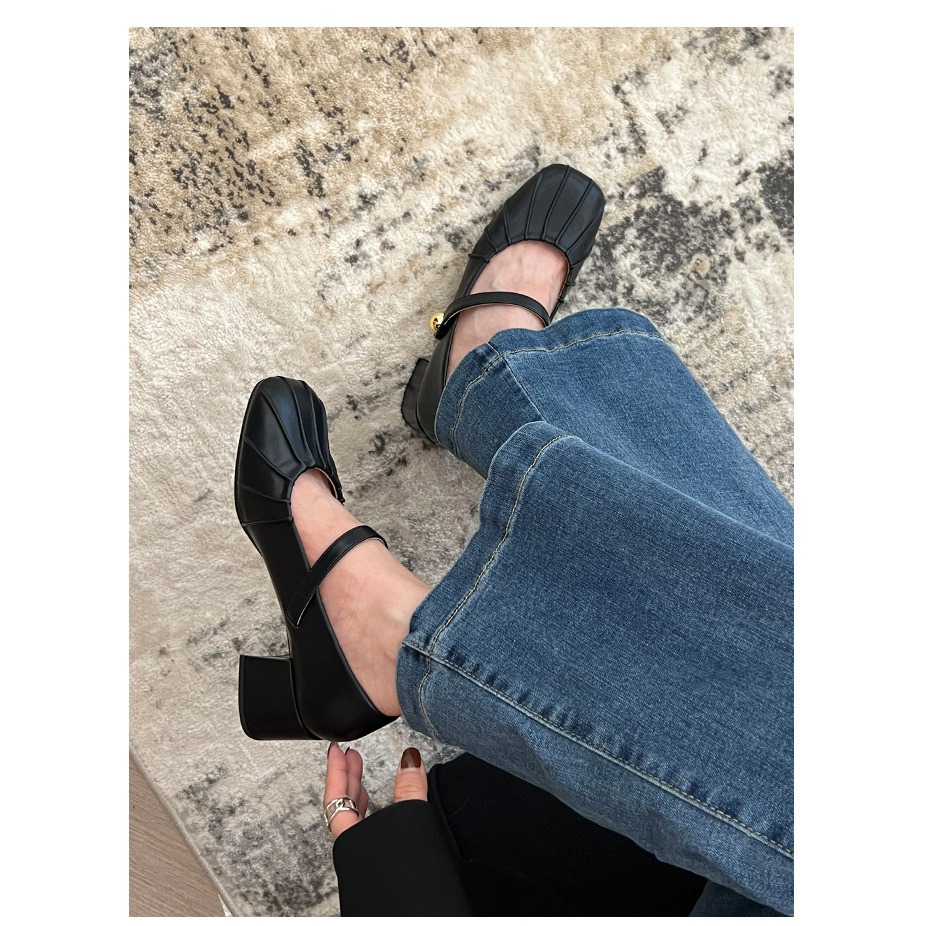 ❤4cm！粗跟❤K09韓國空運🇰🇷秋冬 瑪莉珍鞋 高跟鞋 法式 魔鬼氈 一字帶 淺口 粗跟單鞋 韓國時髦女鞋 跟-細節圖4