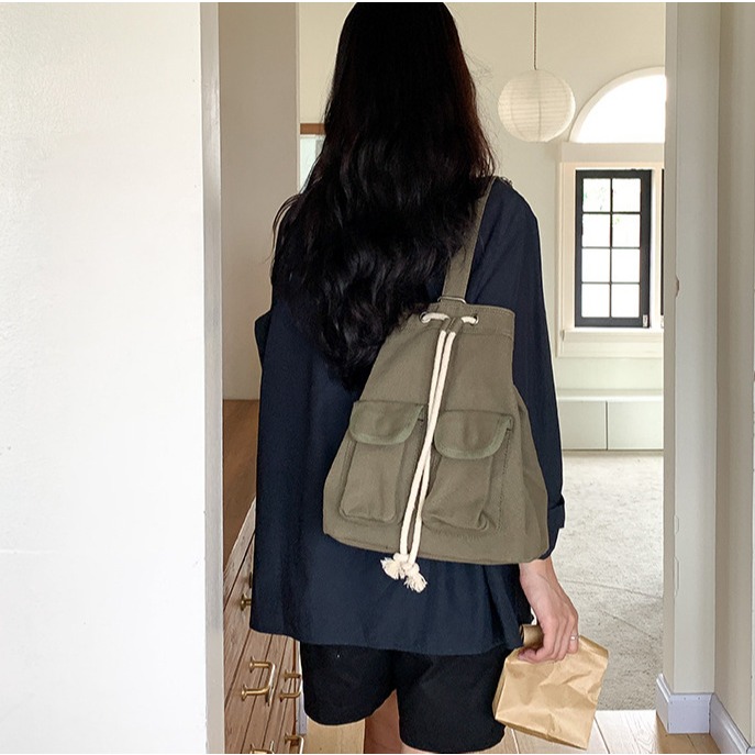 💙先被美哭😭R34韓國進口🇰🇷大容量帆布拉繩單肩包 帆布包 拉繩 皺褶設計 休閒 斜跨包 韓國包包 東大門代-細節圖3