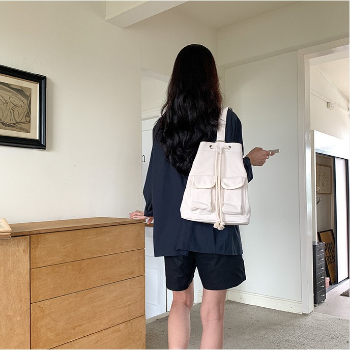 💙先被美哭😭R34韓國進口🇰🇷大容量帆布拉繩單肩包 帆布包 拉繩 皺褶設計 休閒 斜跨包 韓國包包 東大門代-細節圖4