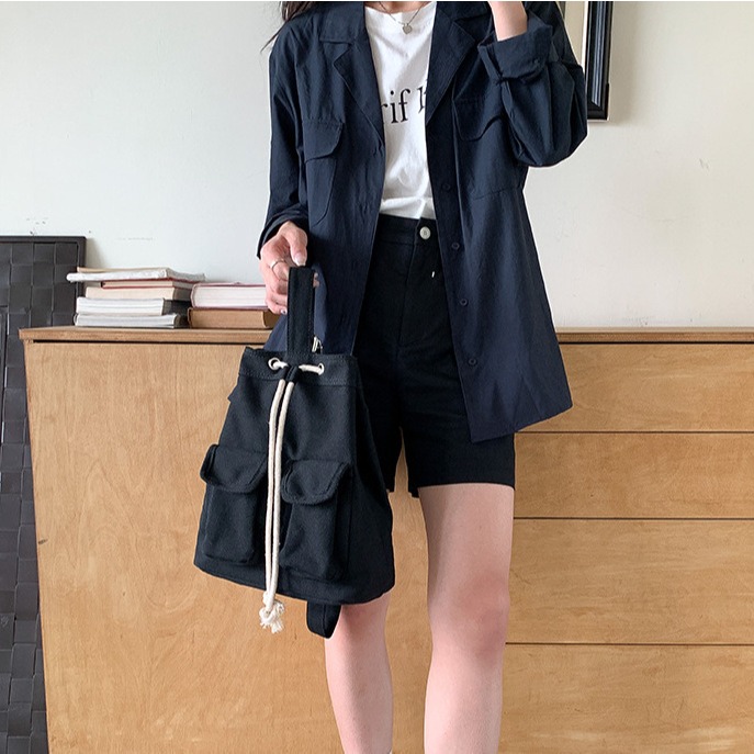 💙先被美哭😭R34韓國進口🇰🇷大容量帆布拉繩單肩包 帆布包 拉繩 皺褶設計 休閒 斜跨包 韓國包包 東大門代-細節圖5