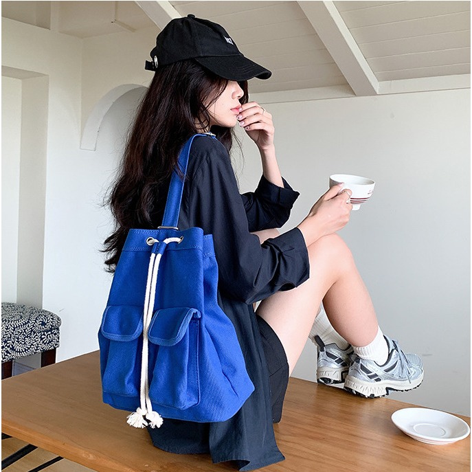 💙先被美哭😭R34韓國進口🇰🇷大容量帆布拉繩單肩包 帆布包 拉繩 皺褶設計 休閒 斜跨包 韓國包包 東大門代-細節圖6