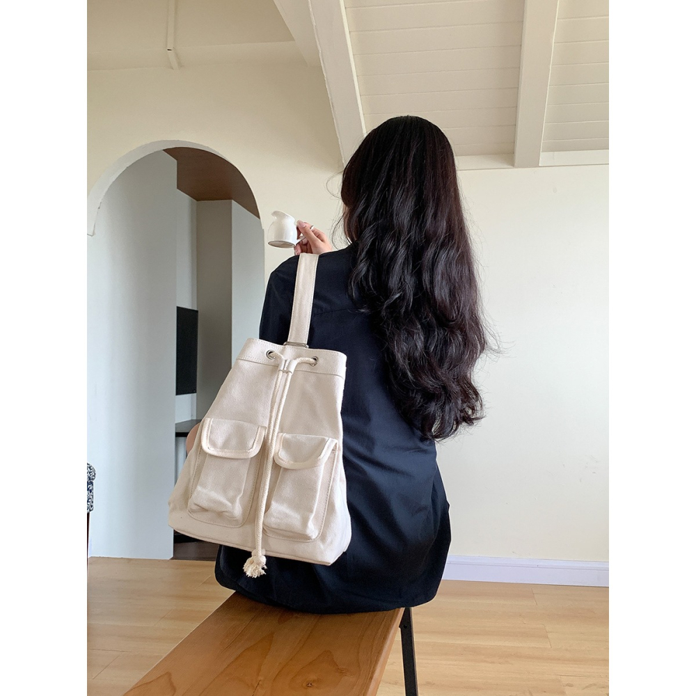 💙先被美哭😭R34韓國進口🇰🇷大容量帆布拉繩單肩包 帆布包 拉繩 皺褶設計 休閒 斜跨包 韓國包包 東大門代-細節圖8