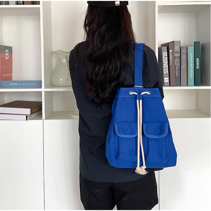 💙先被美哭😭R34韓國進口🇰🇷大容量帆布拉繩單肩包 帆布包 拉繩 皺褶設計 休閒 斜跨包 韓國包包 東大門代-細節圖10