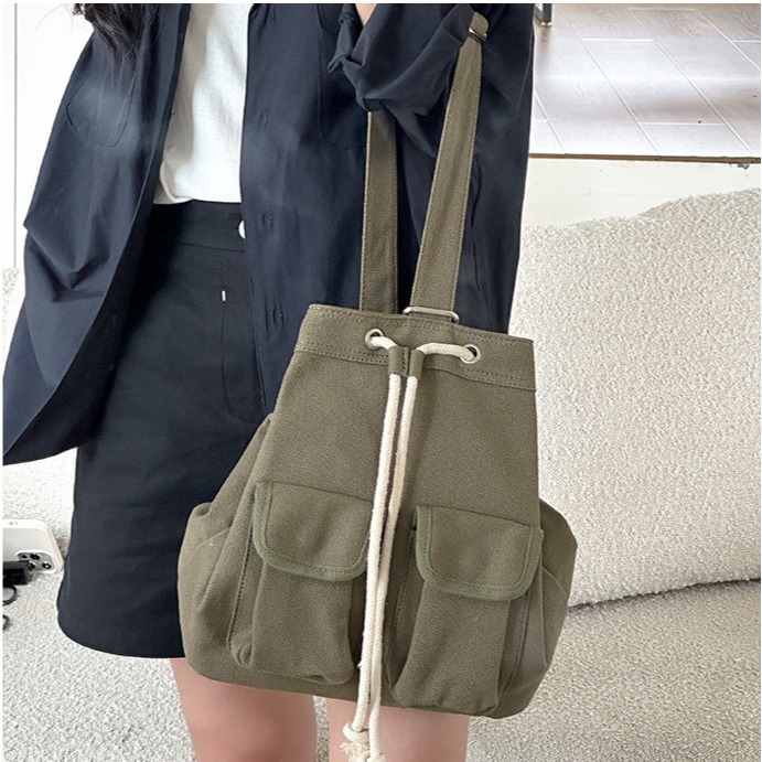 💙先被美哭😭R34韓國進口🇰🇷大容量帆布拉繩單肩包 帆布包 拉繩 皺褶設計 休閒 斜跨包 韓國包包 東大門代-細節圖11
