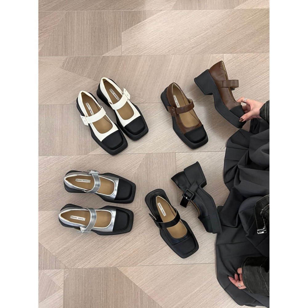 時尚👍真心好看🥑K18韓國空運🇰🇷拼接厚底瑪莉珍鞋 復古方頭 一字帶 瑪莉珍鞋 英倫風 厚底 松糕鞋 皮鞋 -細節圖2