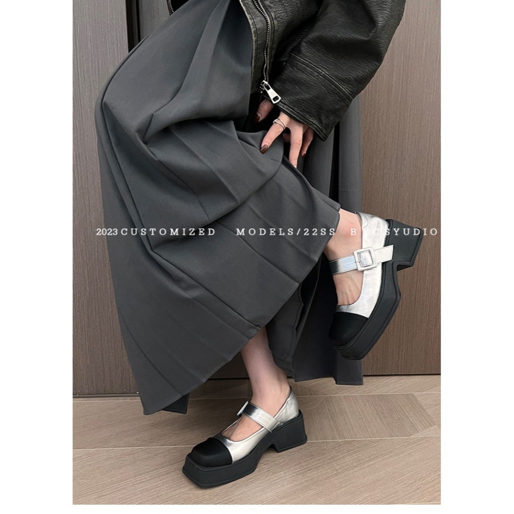 時尚👍真心好看🥑K18韓國空運🇰🇷拼接厚底瑪莉珍鞋 復古方頭 一字帶 瑪莉珍鞋 英倫風 厚底 松糕鞋 皮鞋 -細節圖3