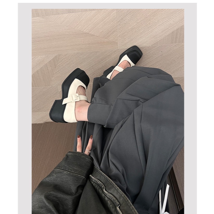 時尚👍真心好看🥑K18韓國空運🇰🇷拼接厚底瑪莉珍鞋 復古方頭 一字帶 瑪莉珍鞋 英倫風 厚底 松糕鞋 皮鞋 -細節圖4