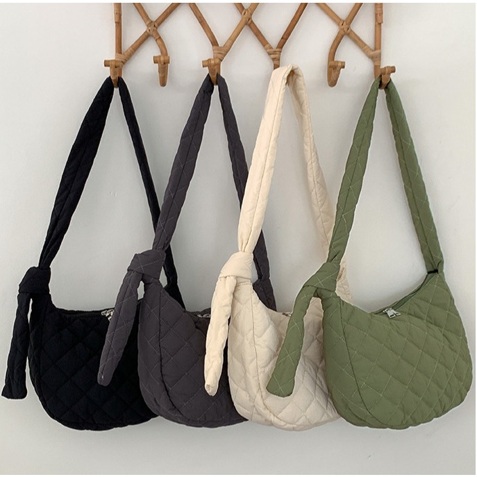 🍭雙拉鍊呦🌝R56韓國空運🇰🇷軟萌系明線菱格紋斜跨包 棉服包 雙拉鍊包包 單肩包 斜背包 側背包 大容量包包-細節圖2