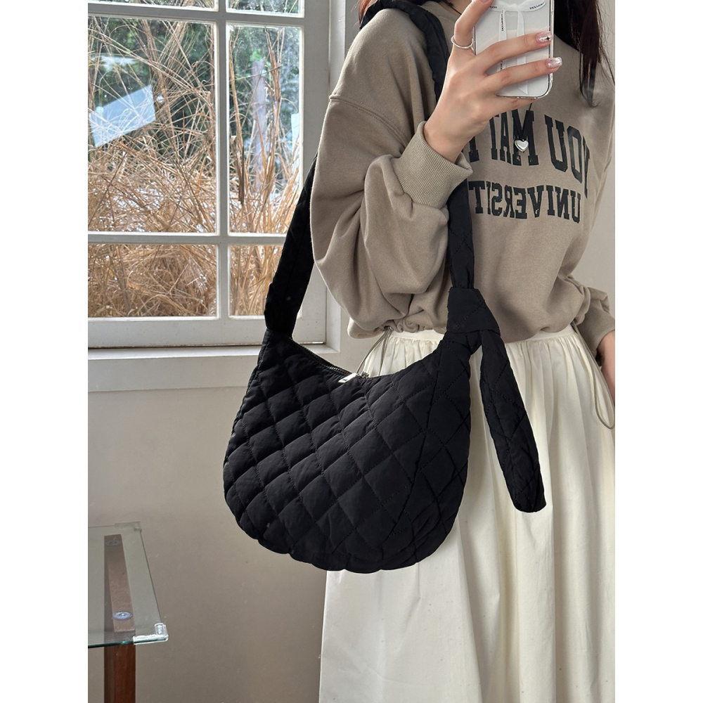 🍭雙拉鍊呦🌝R56韓國空運🇰🇷軟萌系明線菱格紋斜跨包 棉服包 雙拉鍊包包 單肩包 斜背包 側背包 大容量包包-細節圖3