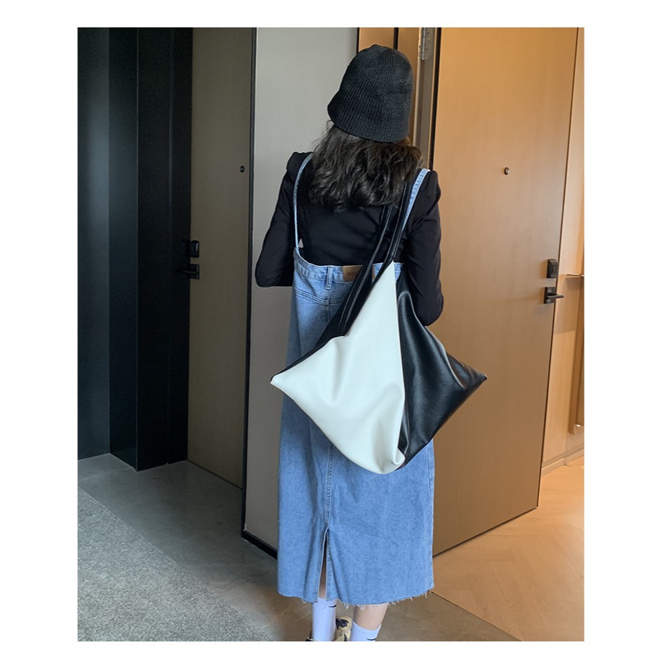 時髦拼接撞色🍣🍺F06『韓國🇰🇷代購』質感軟皮革撞色托特包 托特包 極簡風格 大容量托特包 腋下包 皮革女包-細節圖3