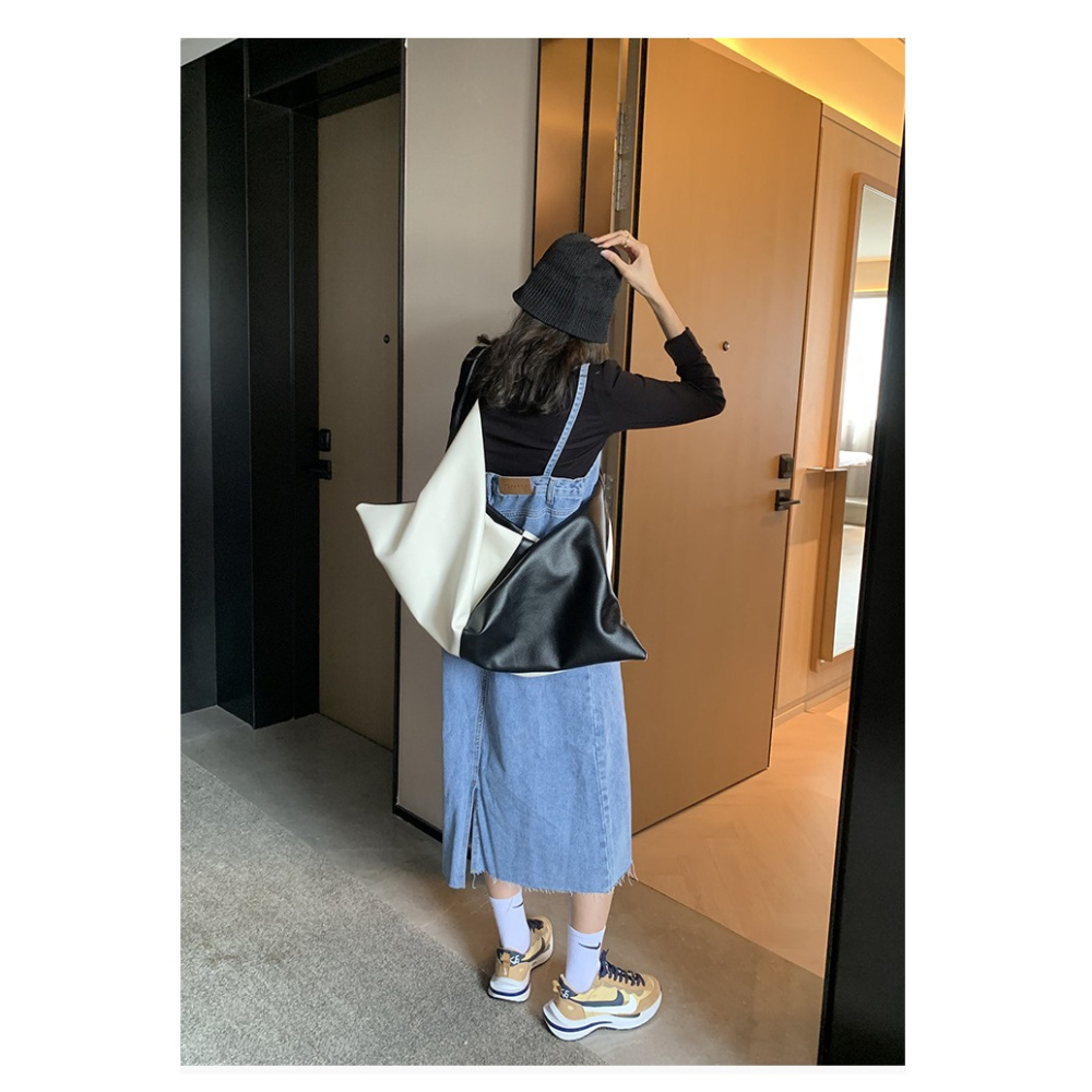 時髦拼接撞色🍣🍺F06『韓國🇰🇷代購』質感軟皮革撞色托特包 托特包 極簡風格 大容量托特包 腋下包 皮革女包-細節圖11