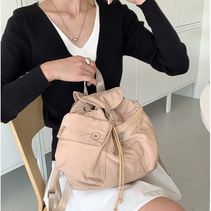 歐膩推推💜🌙C15韓國空運🇰🇷多口袋抽繩尼龍雙肩包 旅行背包 後背包 大學生背包 上課 通勤包 日常百搭 韓-細節圖3