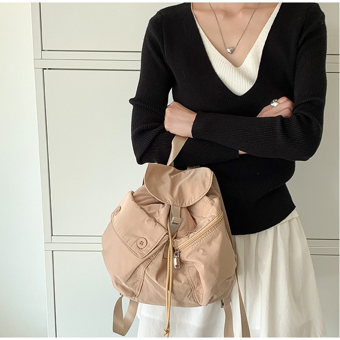 歐膩推推💜🌙C15韓國空運🇰🇷多口袋抽繩尼龍雙肩包 旅行背包 後背包 大學生背包 上課 通勤包 日常百搭 韓-細節圖7