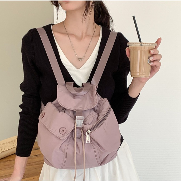 歐膩推推💜🌙C15韓國空運🇰🇷多口袋抽繩尼龍雙肩包 旅行背包 後背包 大學生背包 上課 通勤包 日常百搭 韓-細節圖9