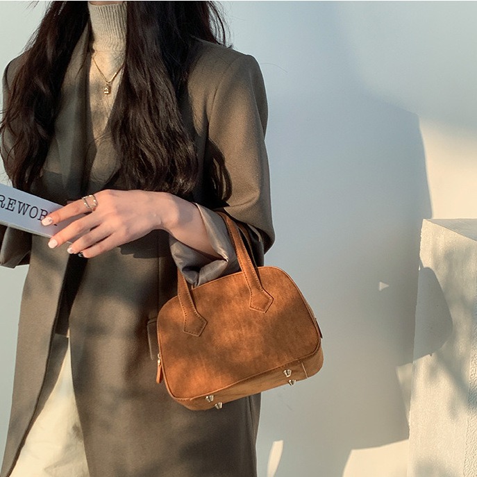 新款超勸buy🍣🍶C33韓國空運🇰🇷輕復古挺版絨面波士頓手提包 絨面手提包 波士頓包 復古 韓國手提包 時髦-細節圖6