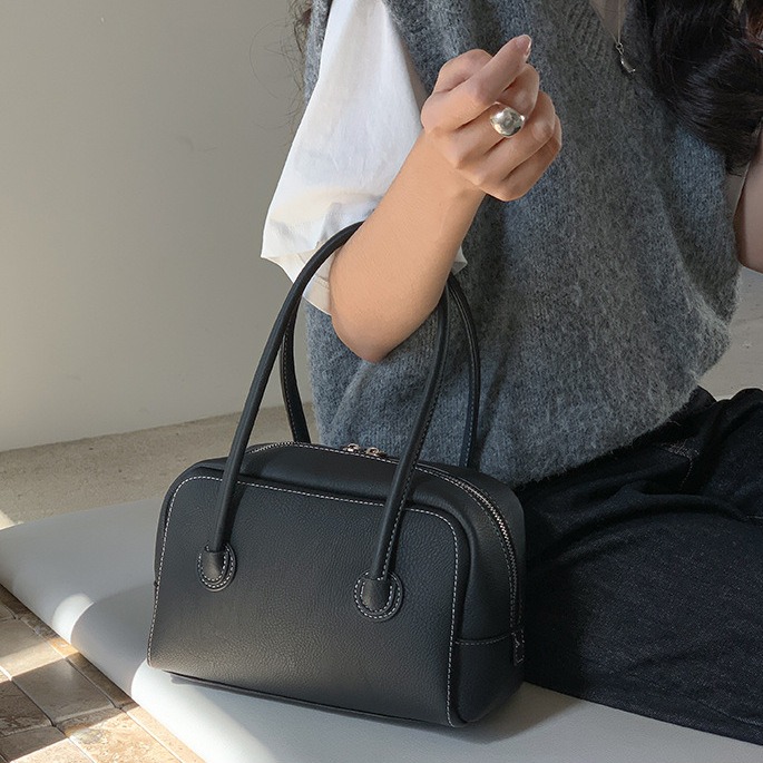 質感紋理☉雙拉鍊🙌🏻C73韓國空運🇰🇷高級感復古雙拉鍊手提波士頓包 手提包 手拿包 波士頓包 韓國包包穿搭-細節圖2