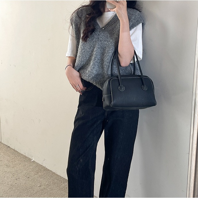 質感紋理☉雙拉鍊🙌🏻C73韓國空運🇰🇷高級感復古雙拉鍊手提波士頓包 手提包 手拿包 波士頓包 韓國包包穿搭-細節圖3