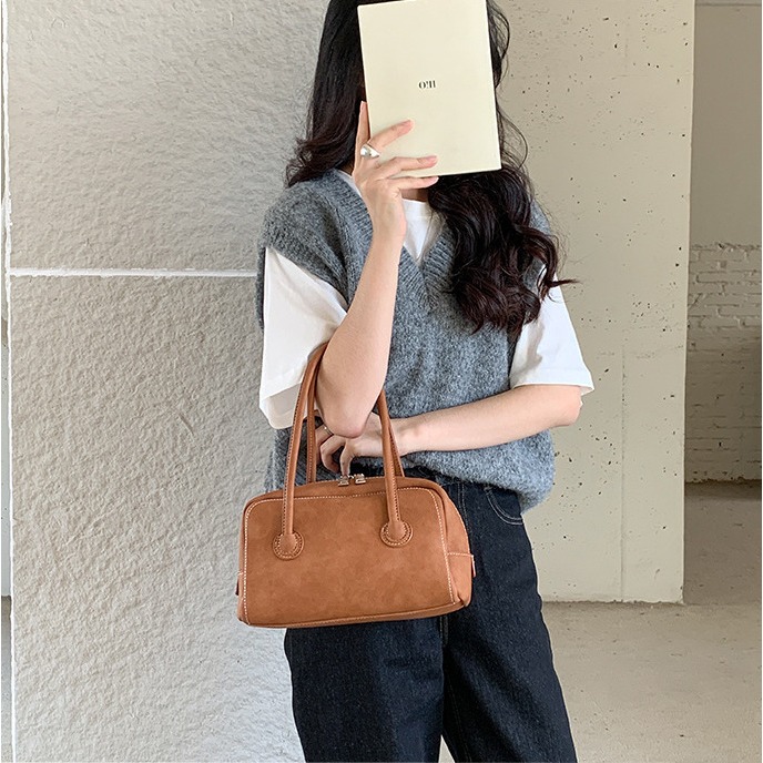 質感紋理☉雙拉鍊🙌🏻C73韓國空運🇰🇷高級感復古雙拉鍊手提波士頓包 手提包 手拿包 波士頓包 韓國包包穿搭-細節圖4