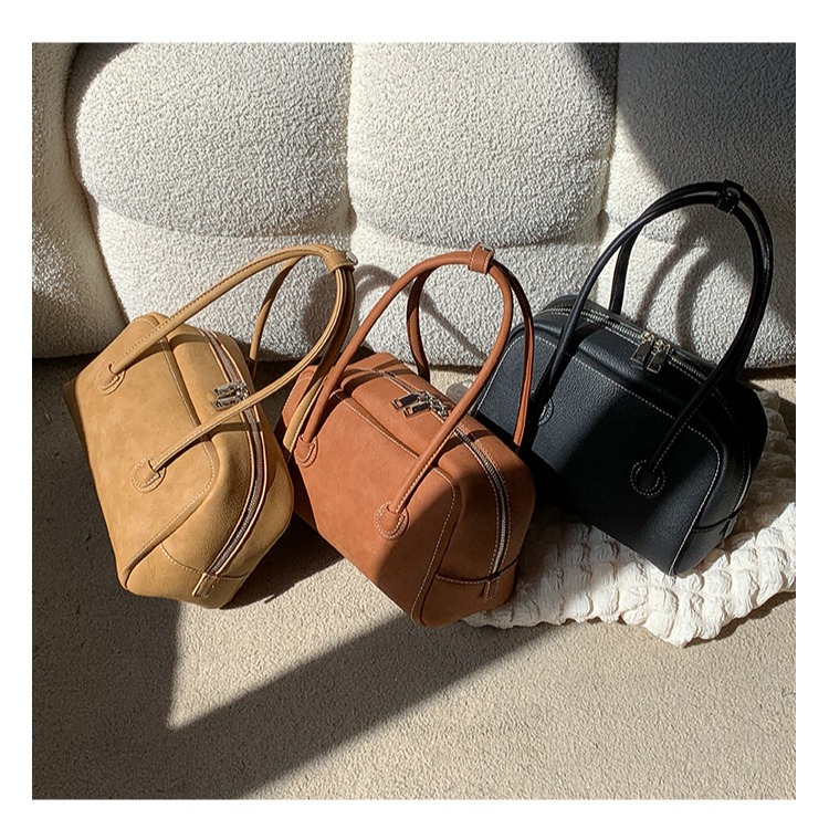 質感紋理☉雙拉鍊🙌🏻C73韓國空運🇰🇷高級感復古雙拉鍊手提波士頓包 手提包 手拿包 波士頓包 韓國包包穿搭-細節圖5