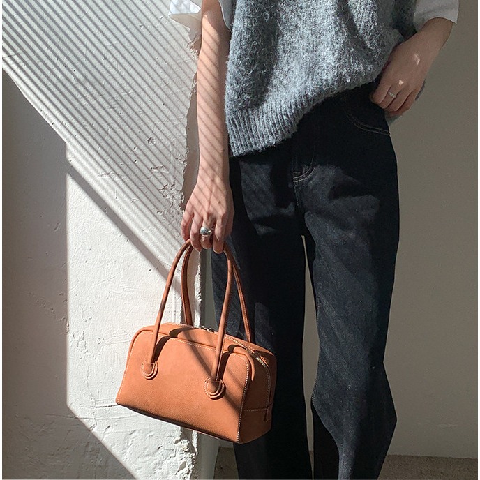 質感紋理☉雙拉鍊🙌🏻C73韓國空運🇰🇷高級感復古雙拉鍊手提波士頓包 手提包 手拿包 波士頓包 韓國包包穿搭-細節圖7