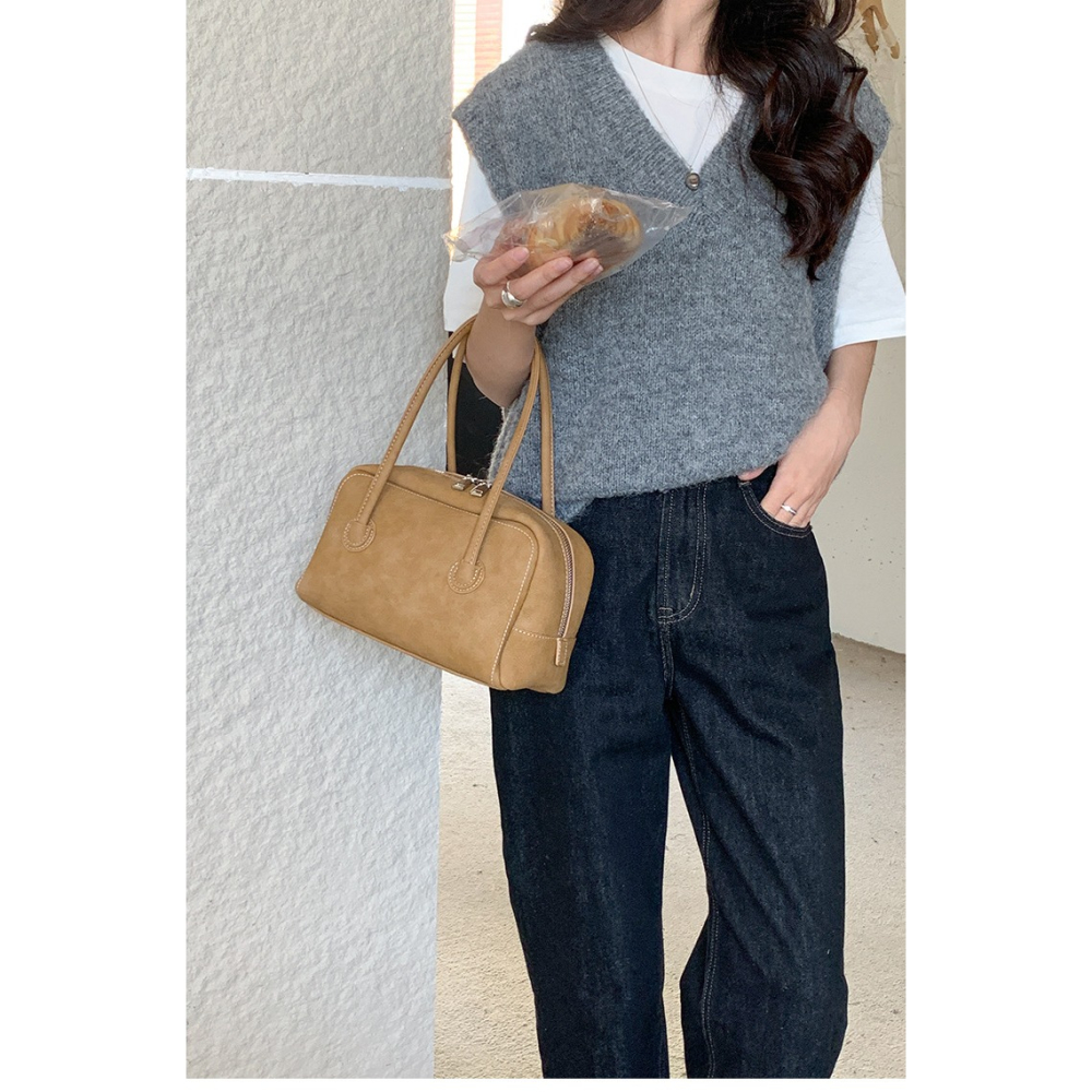 質感紋理☉雙拉鍊🙌🏻C73韓國空運🇰🇷高級感復古雙拉鍊手提波士頓包 手提包 手拿包 波士頓包 韓國包包穿搭-細節圖8