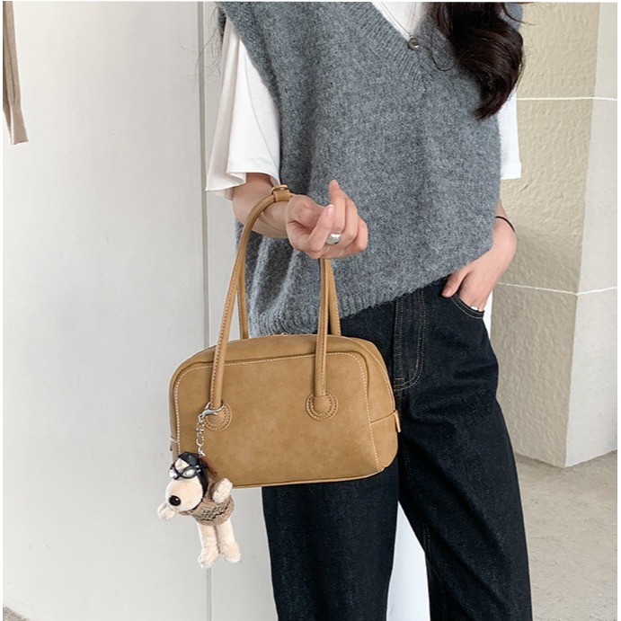 質感紋理☉雙拉鍊🙌🏻C73韓國空運🇰🇷高級感復古雙拉鍊手提波士頓包 手提包 手拿包 波士頓包 韓國包包穿搭-細節圖9