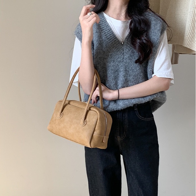 質感紋理☉雙拉鍊🙌🏻C73韓國空運🇰🇷高級感復古雙拉鍊手提波士頓包 手提包 手拿包 波士頓包 韓國包包穿搭-細節圖10