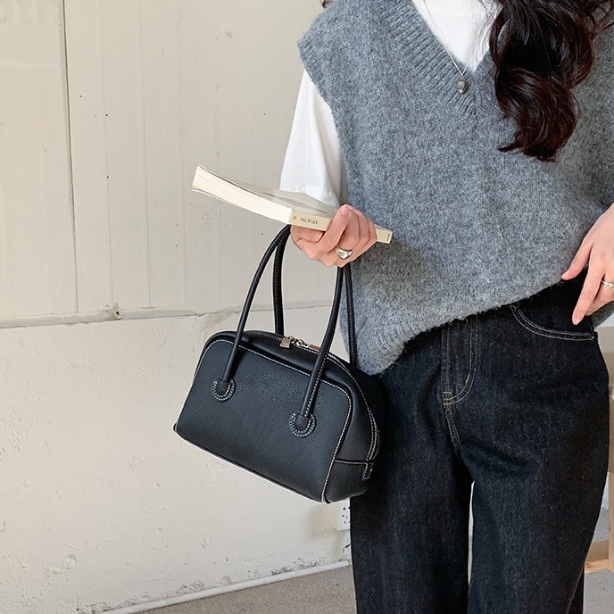 質感紋理☉雙拉鍊🙌🏻C73韓國空運🇰🇷高級感復古雙拉鍊手提波士頓包 手提包 手拿包 波士頓包 韓國包包穿搭-細節圖11