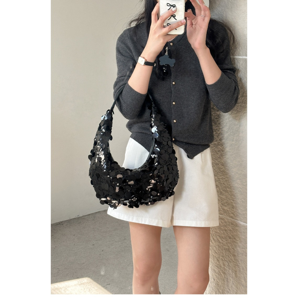 絕對時髦√推爆⍢C74韓國空運🇰🇷高級挺版亮片單肩新月包 單肩包 亮片包 腋下包 手提包 新月包 韓國時髦包包-細節圖5