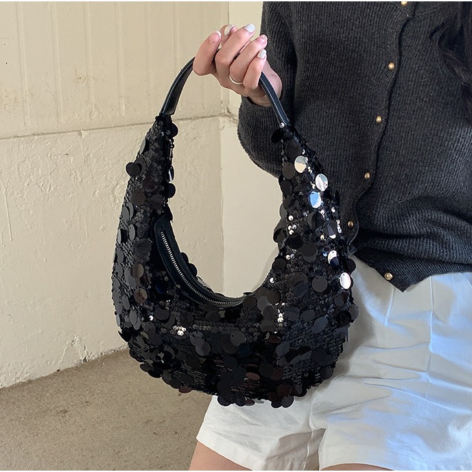 絕對時髦√推爆⍢C74韓國空運🇰🇷高級挺版亮片單肩新月包 單肩包 亮片包 腋下包 手提包 新月包 韓國時髦包包-細節圖9