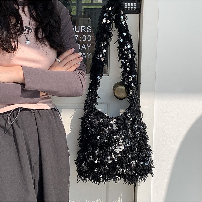 超挖賽！好看慘⧳自留粉💟 A70012韓國空運🇰🇷真的不要太時髦毛絨亮片包 單肩包 肩背包 亮片包 側背包 韓-細節圖6