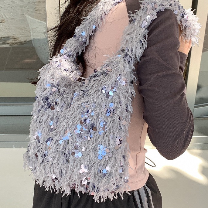 超挖賽！好看慘⧳自留粉💟 A70012韓國空運🇰🇷真的不要太時髦毛絨亮片包 單肩包 肩背包 亮片包 側背包 韓-細節圖11