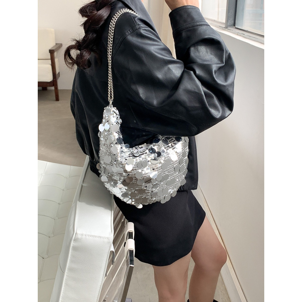 歐美⧁喜歡時髦不要錯過💘A060韓國連線🇰🇷高級時髦感鏈條新月亮片包 單肩包 腋下包 亮片包 肩背包 新月包-細節圖6