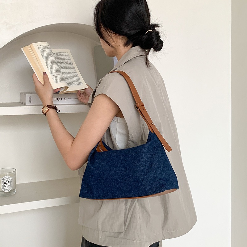 高級感拼接設計⧑⌺LF117個性休閒風皮革牛仔拼接腋下包 單肩包 肩背包 休閒手提包 牛仔布包 手提包-細節圖2